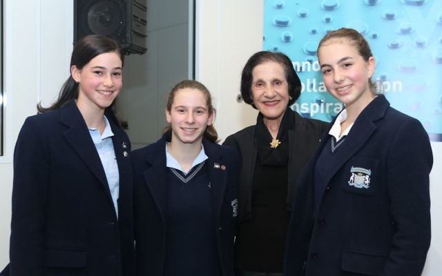 Professor Dame Marie Bashir with Moriah College students (from left) Leila Freedman, Jaime Levine and Hannah Whitmont. Photo: Giselle Haber