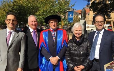 Professor Paul Zimmet (centre) celebrates at the University of Adelaide with (from left) his son Dr Marcel Zimmet, siblings Dr Leon Zimmet and Dr Rea Zimmet, and son Dr Hendrik  Zimmet.