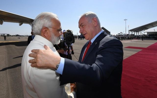 Benjamin Netanyahu greeted Indian Prime Minister Narendra Modi at the airport.