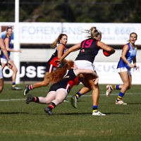 13-8-17. VAFA Women Preliminary Final. AJAX Jackettes were deferated by Old Mentonians 5-6-36 to 5-8-38. Chelsea Fisher tackling. Photo: Peter Haskin