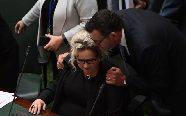Victorian Premier Daniel Andrews lends support to Health Minister Jill Hennessy after the Assisted Dying bill passes in the Legislative Council. Photo: AAP Image/Julian Smith
