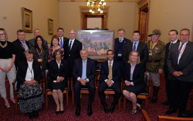 Community leaders and MPs at the unveiling of an artwork honouring the Diggers of Beersheba in the Victorian Parliament. Photo: Ren Rizzolo.
