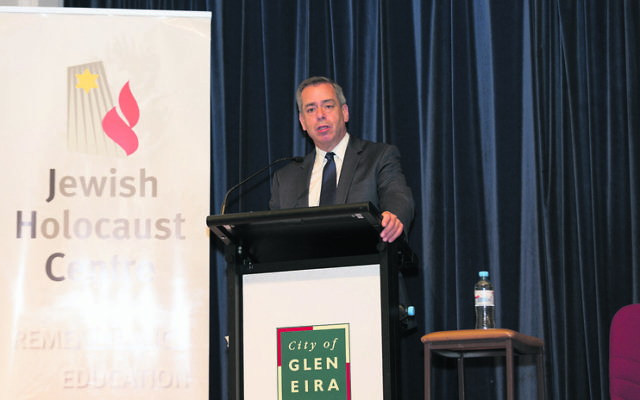 US Holocaust scholar Mark Weitzman delivers the Betty and Shmuel Rosenkranz Oration at a Kristallnacht commemoration in Melbourne.