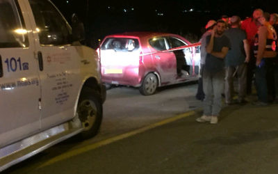 The car that was shot at in the terror attack in the West Bank. Photo: MDA/Jerusalem Post