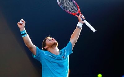 Diego Schwartzman's reaction after winning his first round match at the 2018 Australian Open in Melbourne. Photo: Peter Haskin
