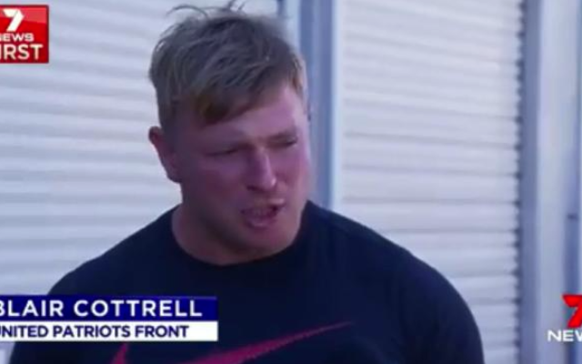A screenshot of United Patriots Front leader Blair Cottrell being interviewed on Channel Seven News.