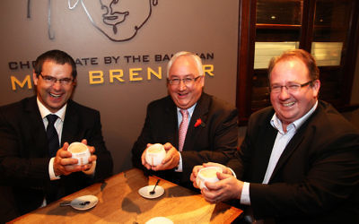 Steven Conroy, Michael Danby and David Feeney showing their solidarity against the BDS with a hot chocolate at Max Brenner's in South Melbourne. Photo: Peter Haskin.