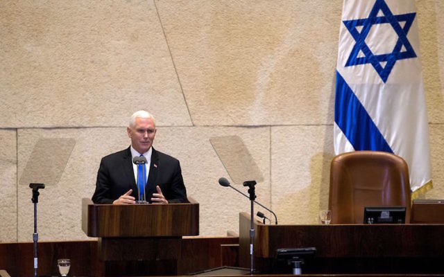 Mike Pence addressing the Knesset on Monday. Photo: Ariel Schalit/AFP/Getty Images