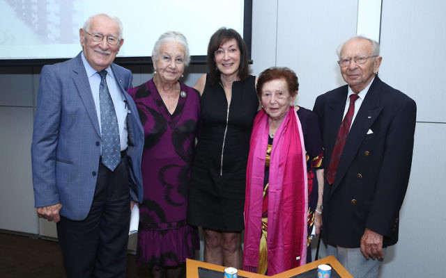 Sydney Jewish Museum operations manager Aviva Wolff (centre) with (from left) Holocaust survivors Eddie Jaku, Olga Horak, Yvonne Engelman and Kuba Enoch. Photo: Giselle Haber
