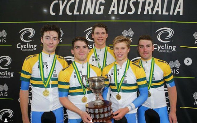 Riley Hart (left) with his Victorian teammates after winning the elite men's team pursuit gold medal at the 2018 Track National Championships on February 1. Photo: John Veage/Cycling Australia