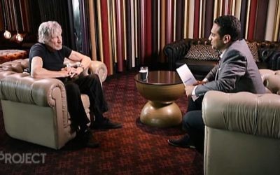 Roger Waters being interviewed by Waleed Aly on The Project. Photo: Screengrab/Channel 10