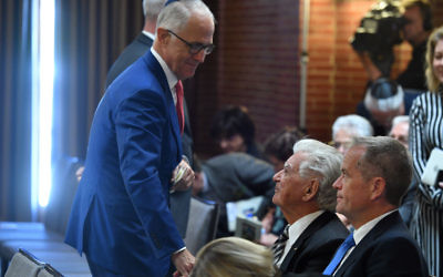Malcolm Turnbull with Bob Hawke and Bill Shorten at Monday's memorial service for Barry Cohen. Photo: AAP Image/Mick Tsikas