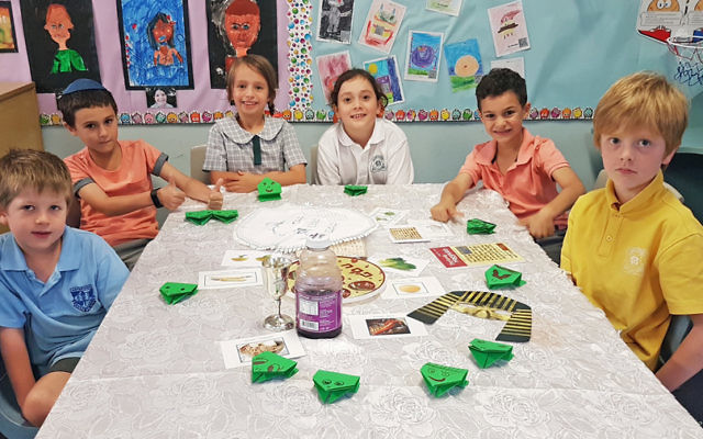 Seder was celebrated during BJE's traditions class at Lane Cove Public School. Pictured from left: Cameron Sternfeld, Ari Levy, Georgia Meisner, Raphaela Levy Mesman, Eitan Levy, Benjamin Conlon.