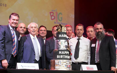 Harry Triguboff (front, second from left) honoured at Yeshiva's annual gala dinner at Sydney's ICC on February 27.
