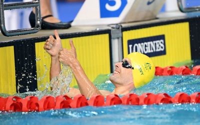 Matthew Levy after winning gold in the men's S7 50m freestyle final at the Commonwealth Games on April 9. Photo: Swimming Australia Ltd/Delly Carr.
