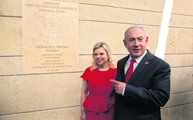 Benjamin and Sara Netanyahu at the opening ceremony of the new US Embassy in Jerusalem. Photo: AP Photo/Sebastian Scheiner
