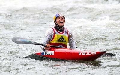 Jessica Fox celebrates another gold medal performance in the 2018 Canoe Slalom World Cup series. Photo: Paddle Australia/Balint Vekassy