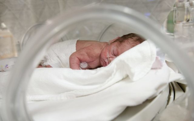 A premature infant in an incubator.