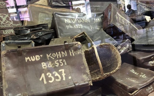 The suitcases of Auschwitz interns on display at the camp.