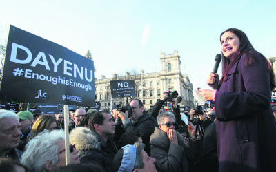 Jewish Labour MP Luciana Berger addressing thousands of British Jews protesting
against Corbyn and her party earlier this year. Photo: Yui Mok/PA Wire