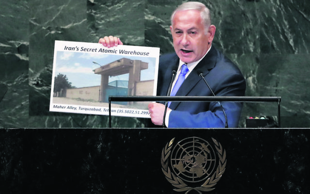 Benjamin Netanyahu addressing the UN General Assembly last week. Photo: AP Photo/Richard Drew