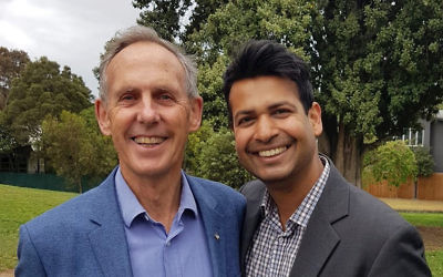 Former Greens federal leader Bob Brown (left) with Greens candidate for Caulfield Dinesh Mathew last week.