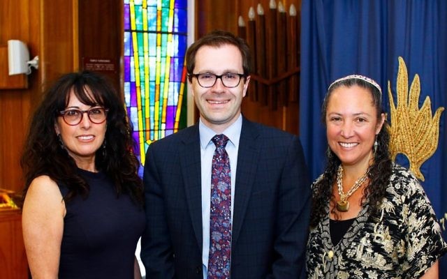 From left: Etz Chayim president Maureen Barton, State Member for Bentleigh Nick Staikos, and Etz Chayim's Rabbi Allison Conyer. Photo: Peter Haskin