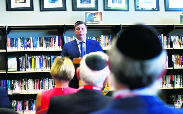 Shadow Minister for Education Tim Smith makes a funding announcement at Mount Scopus Memorial College. Photo: Peter Haskin