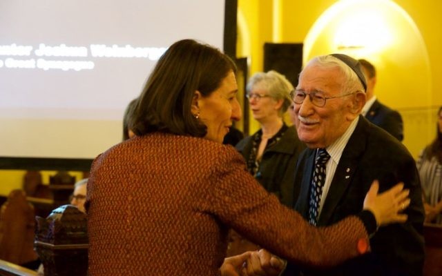 Premier Gladys Berejiklian greets Holocaust survivor Eddie Jaku at this year’s
Kristallnacht commemoration. Photo: Giselle Haber