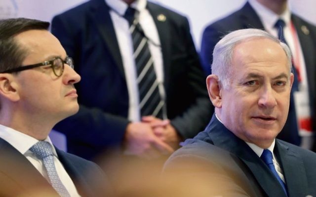 Poland's Prime Minister Mateusz Morawiecki (left) and Israeli Prime Minister Benjamin Netanyahu, at a meeting last week in Warsaw. Photo: AP Photo/Michael Sohn