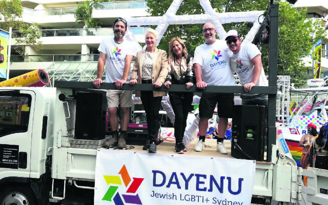 Dr Kerryn Phelps (second from left) with her wife Jackie and three other members of Dayenu at the 2019 Sydney Gay and Lesbian Mardi Gras.
