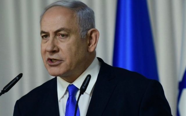 Israeli Prime Minister Benjamin Netanyahu speaks to the media in Ramat Gan, Israel, Feb. 21, 2019. (Tomer Neuberg/Flash90)