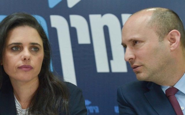 Ayelet Shaked and Naftali Bennett hold a news conference for the New Right party in Tel Aviv, March 17, 2019. (Flash90)