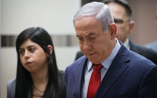 Prime Minister Benjamin Netanyahu arrives to the Likud party meeting at the Knesset, Israel’s parliament in Jerusalem, May 29, 2019. (Yonatan Sindel/Flash90)