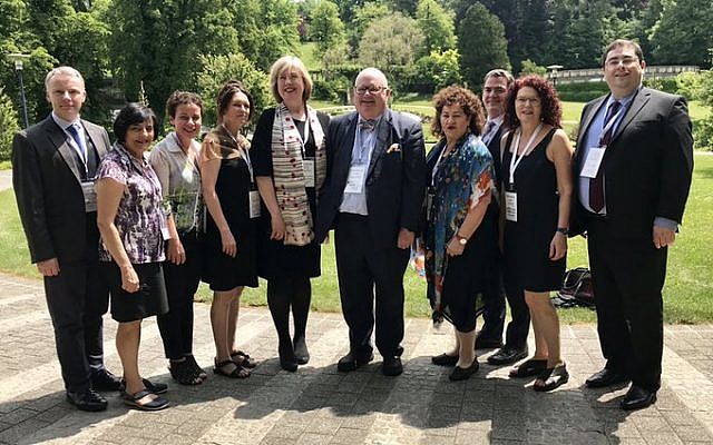 The Australian delegation to the International Holocaust Remembrance Alliance, led by Australia's ambassador to Germany Lynette Wood, and head of the UK delegation Eric Pickles (centre).