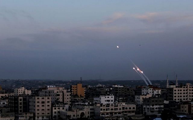 Rockets are fired from Gaza toward southern Israel in this photo from May 5, 2019. (Mahmoud Issa/SOPA Images/LightRocket via Getty Images)