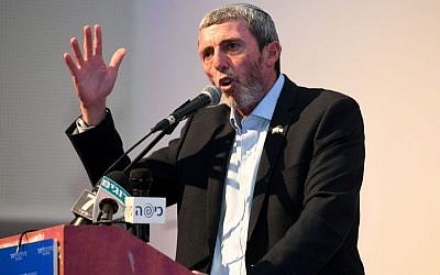 Rafi Peretz, Israel’s Education Minister and chairman of the Jewish Home Party, speaks at a party meeting on June 19, 2019. (Yehuda Haim/Flash90)