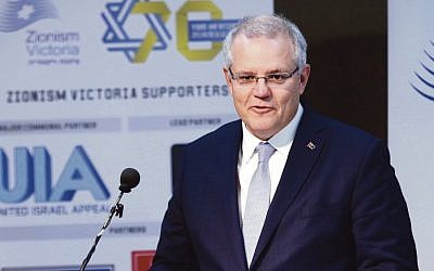 Scott Morrison, pictured speaking at Beth Weizmann Community Centre in 2018, has once again stood up on the world stage for Israel.
Photo: Peter Haskin