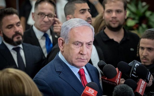 Israeli Prime Minister Benjamin Netanyahu speaks to the media after the Knesset voted to dissolve itself, May 30, 2019. (Yonatan Sindel/Flash90)