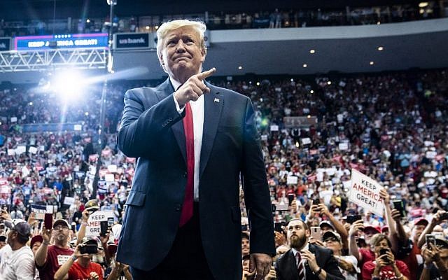 President Donald Trump at a rally at U.S. Bank Arena in Cincinnati, Ohio, Aug. 1, 2019. (Jabin Botsford/The Washington Post via Getty Images)