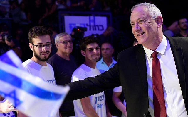 Blue and White leader Benny Gantz attends a party rally in Tel Aviv two days before Israeli elections, Sept. 15, 2019. (Tomer Neuberg/Flash90)