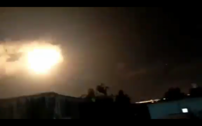 A burst of light, apparently caused by an Iron Dome interceptor missile detonating itself, illuminates the night sky over the northern Gaza Strip on September 11, 2019. (Screen capture: Twitter)