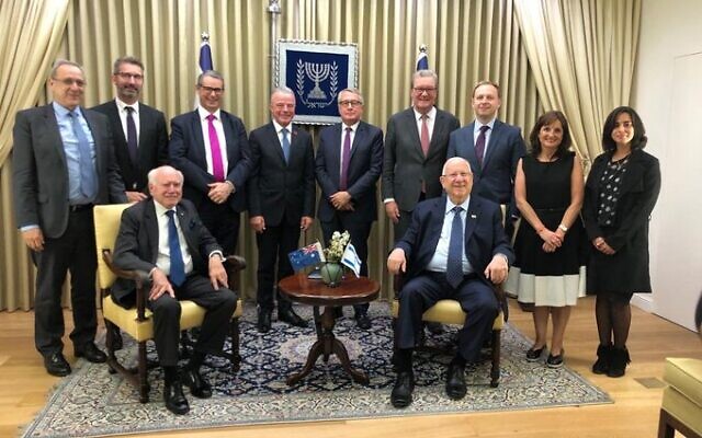 Israeli President Reuven Rivlin meets the Australian delegation, led by former prime minister John Howard. Photo: Mark Neiman, GPO