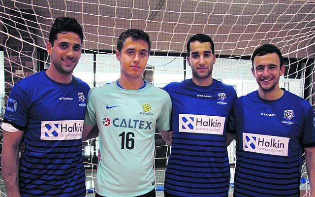 Fustalroos squad member Ethan de Melo (in light blue shirt) with Hakoah
players (from left) Gilad Swartz, Dylan Basger and Robbie Ezekiel.