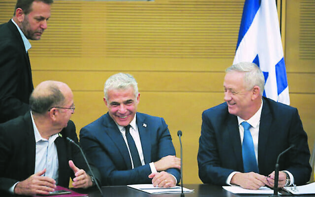From left: Moshe Ya’alon, Yair Lapid and Benny Gantz at a Blue and White
faction meeting at the Knesset on Monday. Photo: Hadas Parush/Flash90