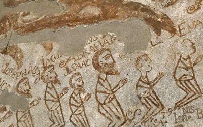 A sketch of Abraham, Isaac, Jacob, Joseph, Isaiah and Aaron, in a cell in the Inquisition
headquarters in Sicily, likely scratched with a Jewish prisoner’s handcuffs.