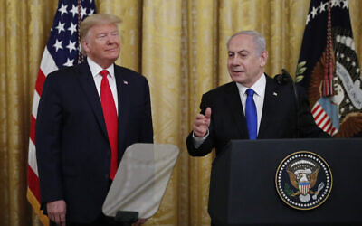 US President Donald Trump and Israeli Prime Minister Benjamin Netanyahu addressing the media on January 28. Photo: AP Photo/Alex Brandon