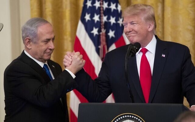 Benjamin Netanyahu and Donald Trump at the unveiling of Trump’s peace plan this week. Photo: EPA/Michael Reynolds