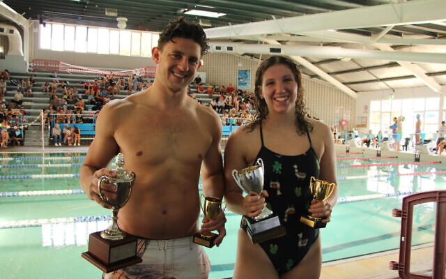 Kyron Israelsohn (left) and Eliyah Malkin won The AJN Cup men’s and women’s 100m freestyle races at the 70th NSW Jewish Swimming Championships last Sunday. Photo: Shane Desiatnik