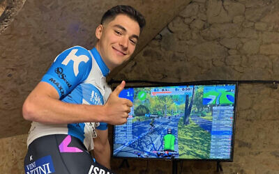 Israel Start-Up Nation team
member Alexis Renard gave
the “Stay at Home” virtual
group ride the thumbs up.
Photo: Israel Cycling Academy